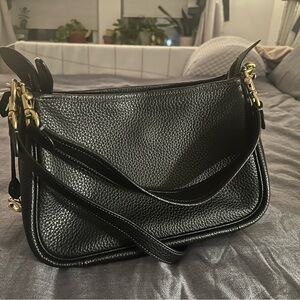 Coach Cary Black Leather Shoulder Bag with Gold Accents